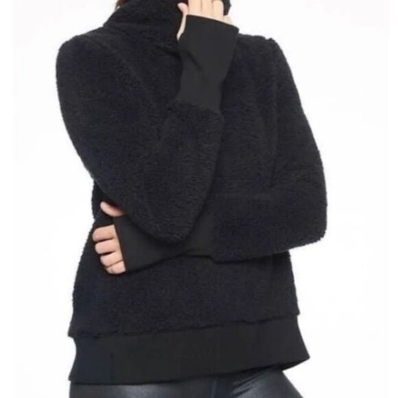 Athleta Nirvana Sherpa Sweater Pullover Soft Thumbholes Funnel Neck Black S - Picture 1 of 5